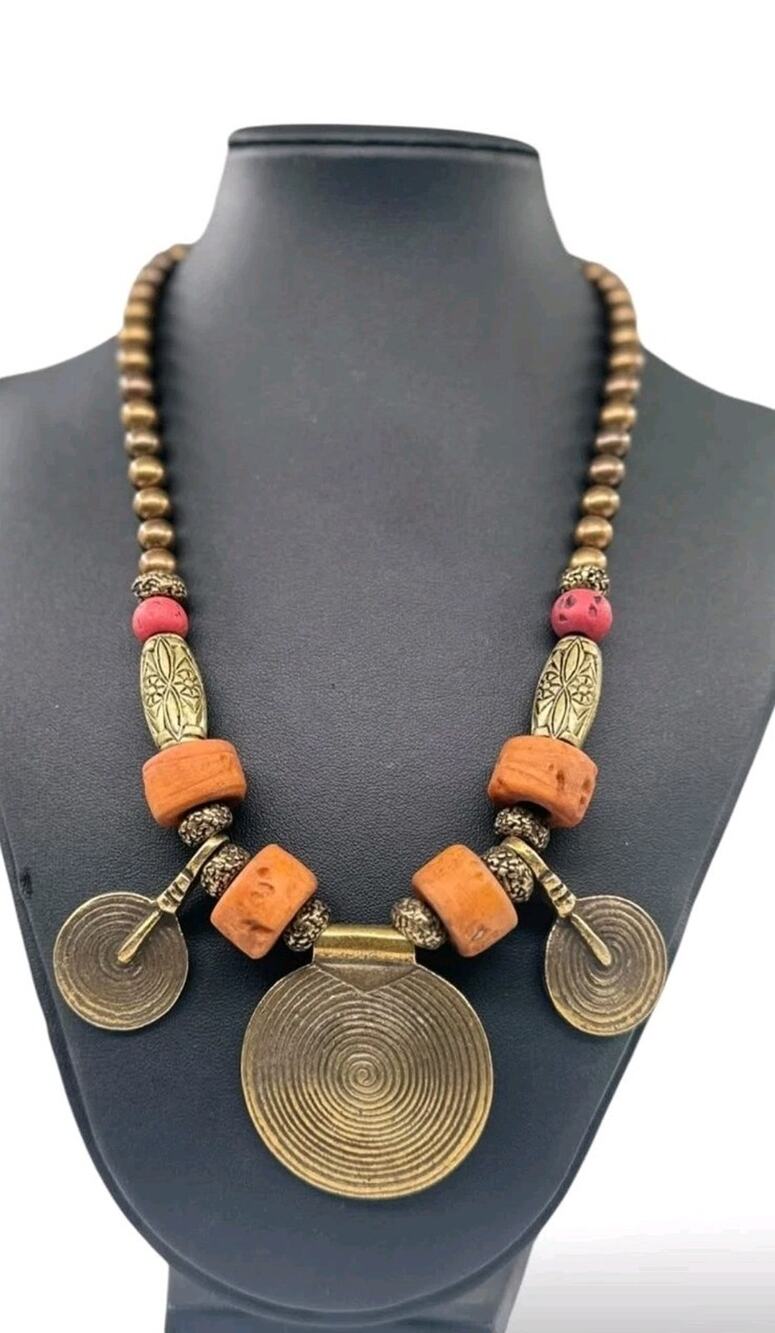Ethnic Banjara Tribal Resin Brass Bead Necklace Boho Gypsy Pendant Statement Pc